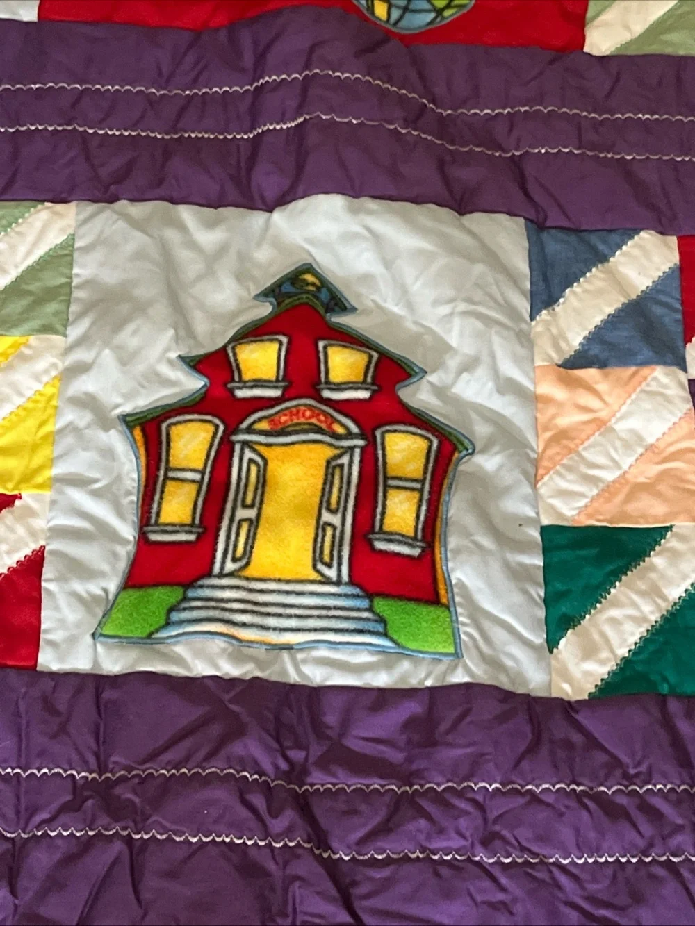 Vintage Schoolhouse Handmade Patchwork Quilt Purple Pastel Colorful 52”x41”